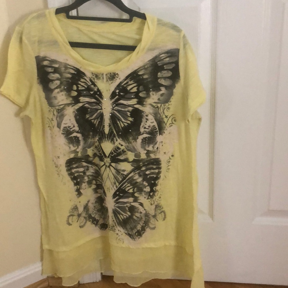 A yellow blouse with black butterflies&rhinestones